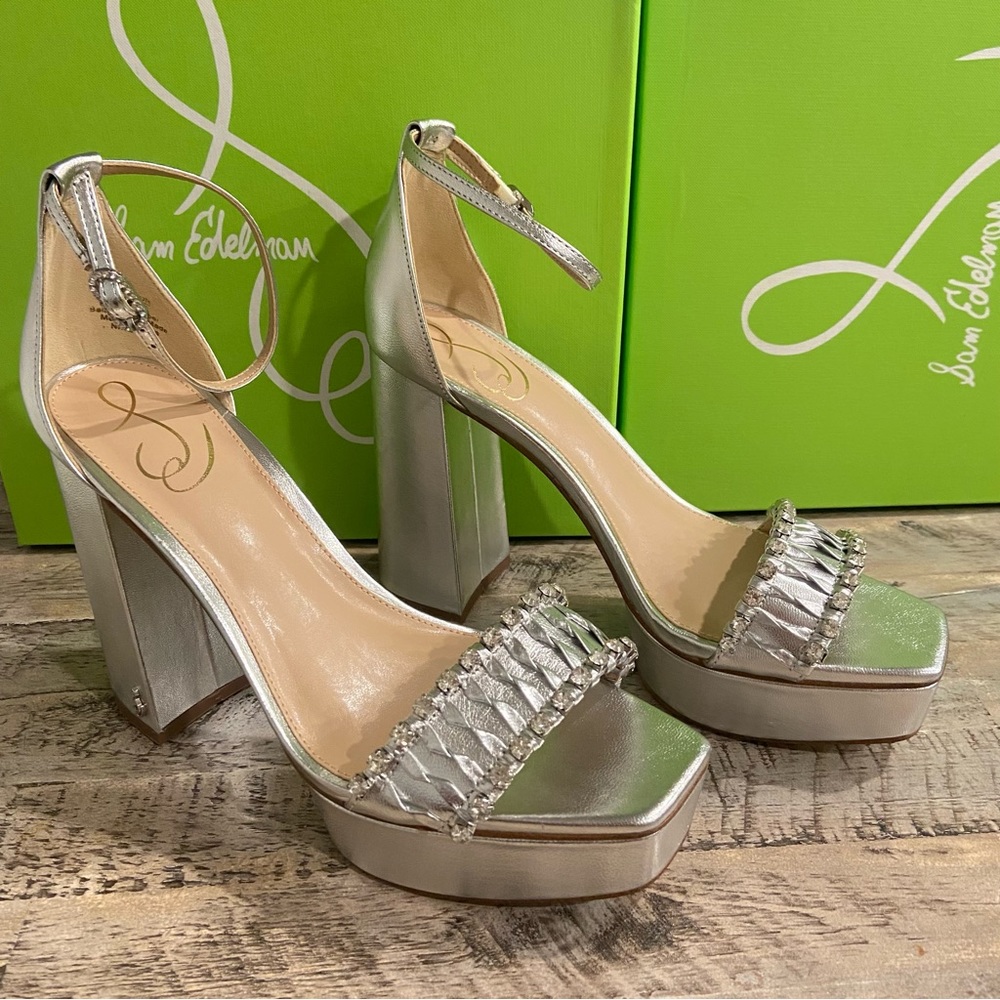 Sam Edelman Women's NINETTE Platform Silver Metallic LEATHER Heel Shoe MSRP $180 - Picture 7 of 9